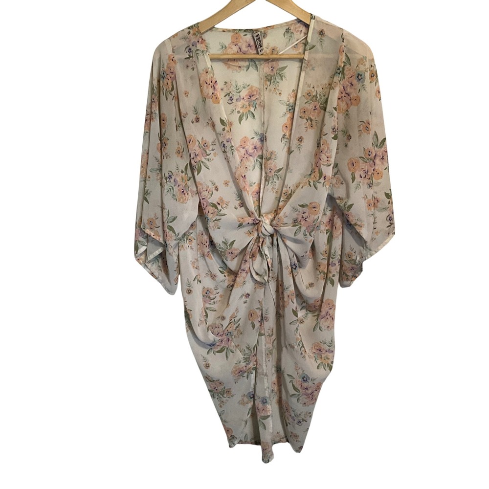 Mudd Floral Kimono Wrap Top Cream Sheer Tie Front Boho Fairycore Coverup‎